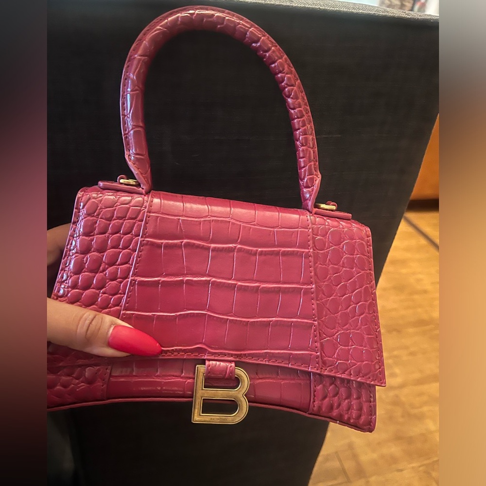 Balenciaga Fuchsia Croc-Embossed Mini Top Handle Bag